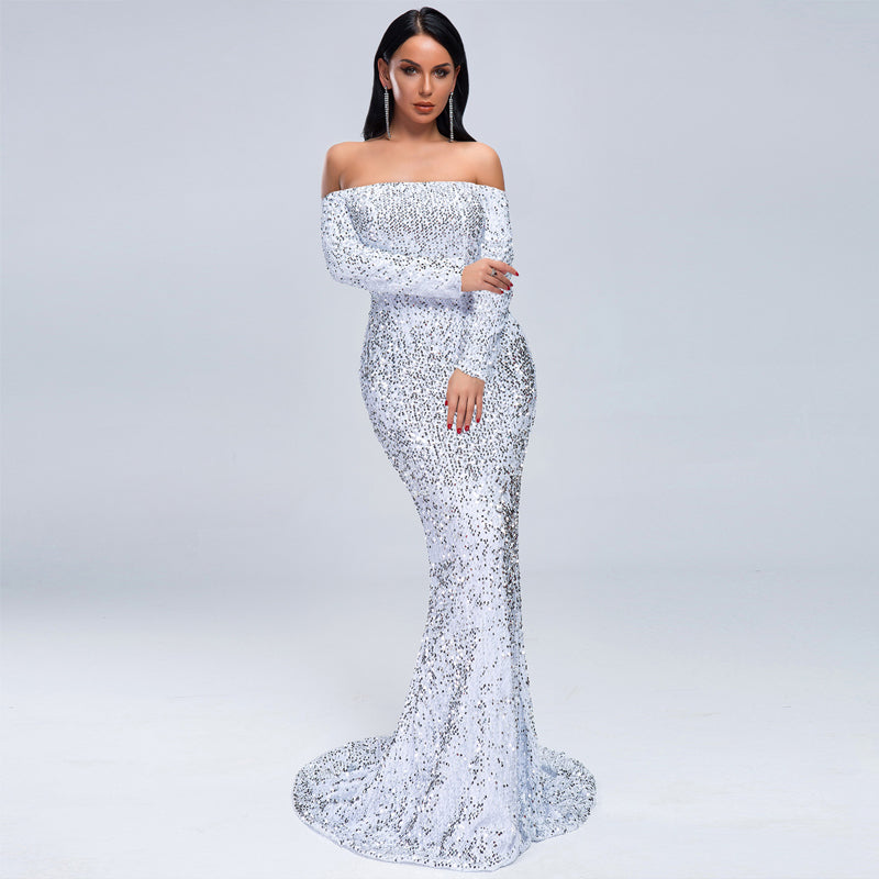 Off Shoulder Elegant Sequin Evening Party Dress