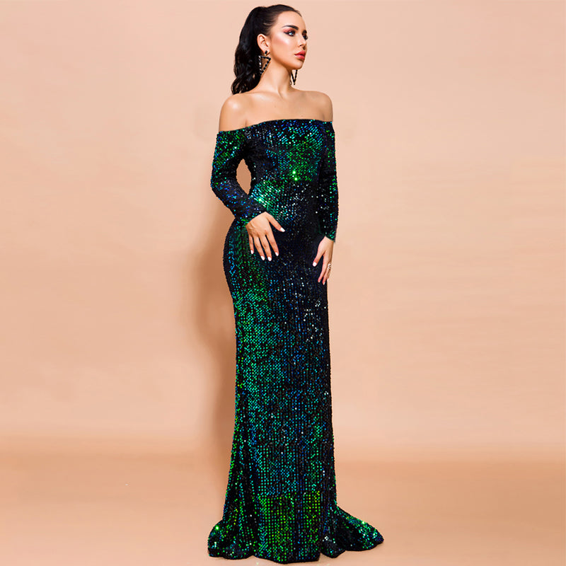 Off Shoulder Elegant Sequin Evening Party Dress