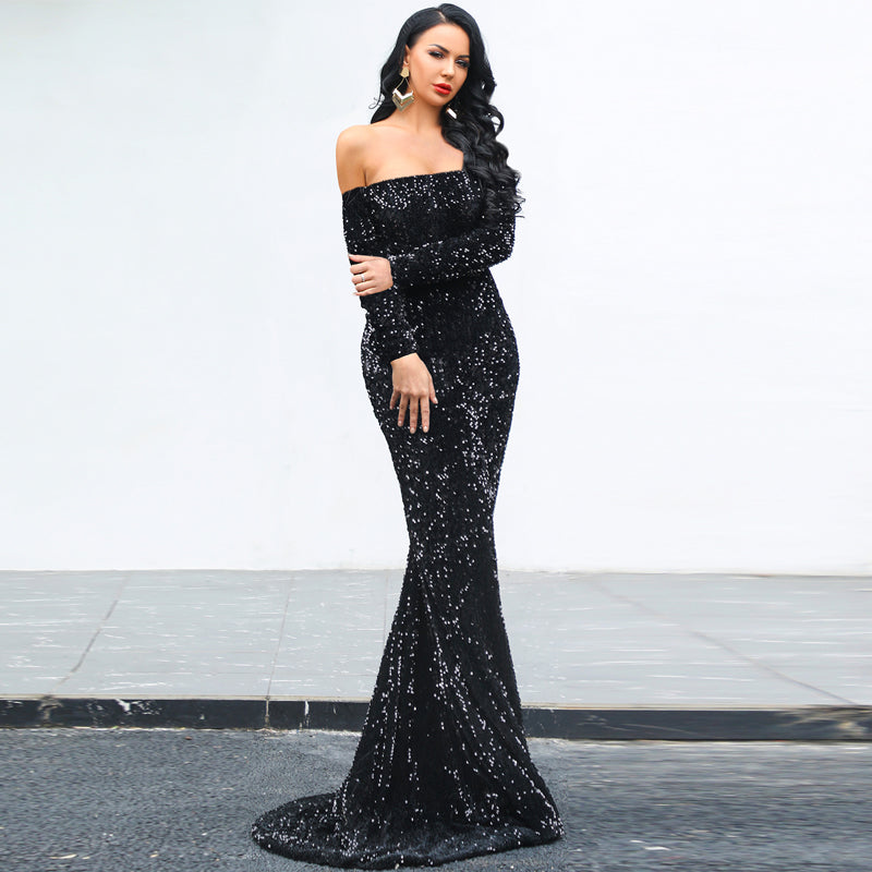 Off Shoulder Elegant Sequin Evening Party Dress