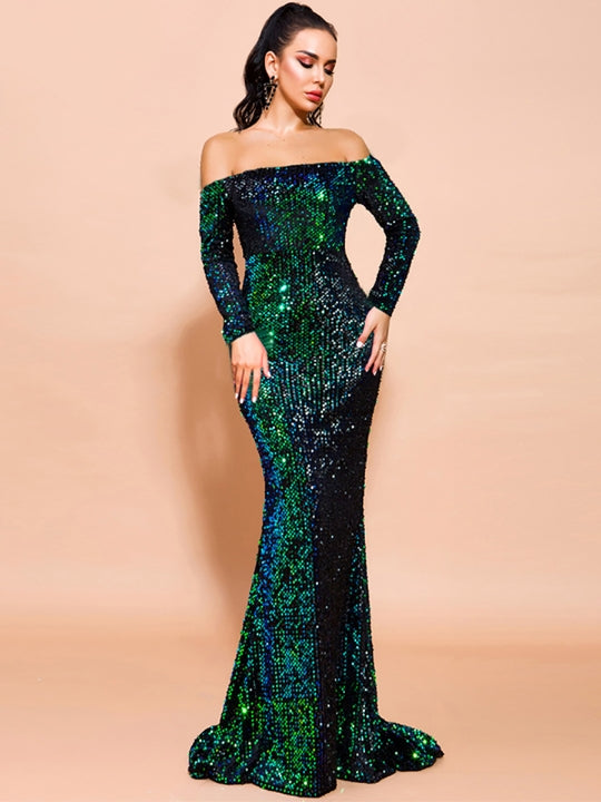 Off Shoulder Elegant Sequin Evening Party Dress