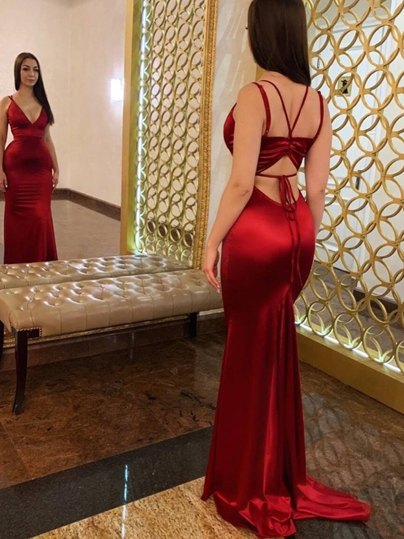 Sexy V Neck Spaghetti Strap Maxi Satin Dress