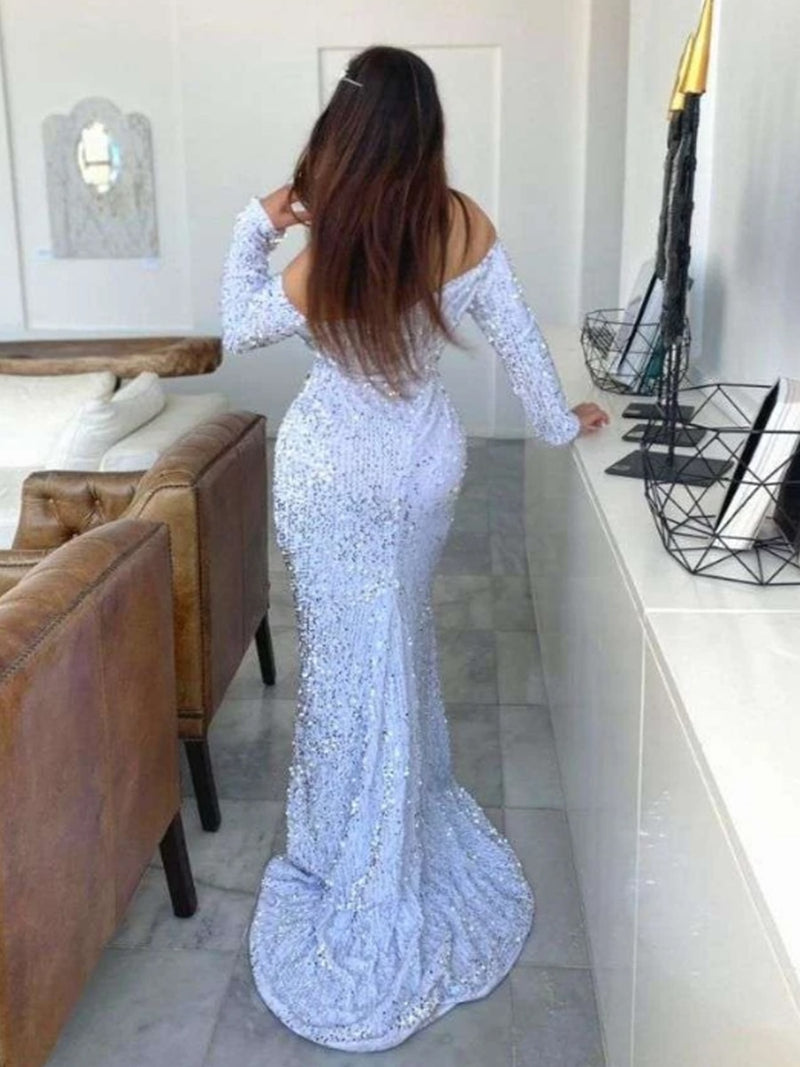 Off Shoulder Elegant Sequin Evening Party Dress